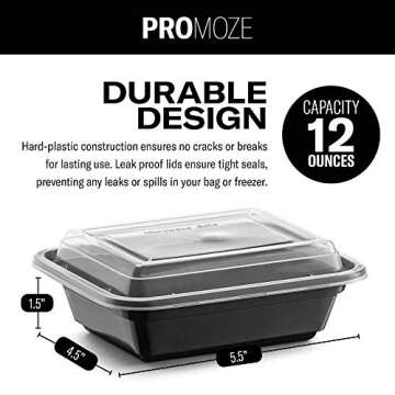 50-Pack Reusable Meal Prep Containers Microwave Safe Food Storage Containers with Lids, 12 OZ - 1 Compartment Take Out Disposable Plastic Bento Lunch Box To Go, BPA Free - Dishwasher & Freezer Safe