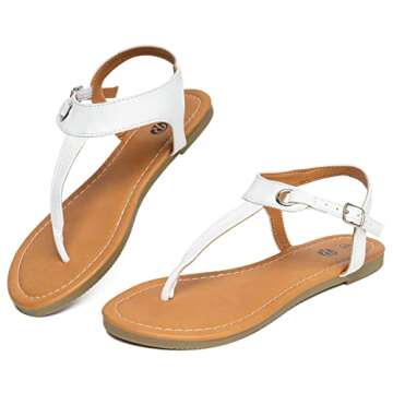 Rekayla Flat Thong Sandals with T-Strap and Adjustable Ankle Buckle for Women White 09