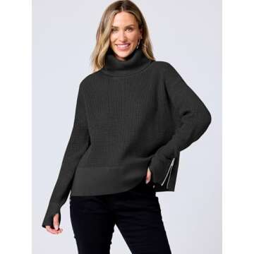 ANRABESS Womens Turtleneck Long Sleeve Sweaters Waffle Knit Casual Side Zipper Pullover Tops Thumbho...
