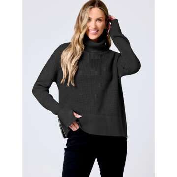 ANRABESS Womens Turtleneck Long Sleeve Sweaters Waffle Knit Casual Side Zipper Pullover Tops Thumbhole 2024 Fall Outfits Black Small