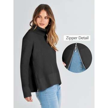 ANRABESS Womens Turtleneck Long Sleeve Sweaters Waffle Knit Casual Side Zipper Pullover Tops Thumbhole 2024 Fall Outfits Black Small