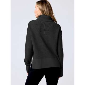 ANRABESS Womens Turtleneck Long Sleeve Sweaters Waffle Knit Casual Side Zipper Pullover Tops Thumbhole 2024 Fall Outfits Black Small