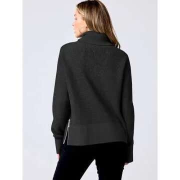 ANRABESS Womens Turtleneck Long Sleeve Sweaters Waffle Knit Casual Side Zipper Pullover Tops Thumbhole 2024 Fall Outfits Black Small