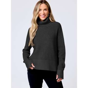 ANRABESS Womens Turtleneck Long Sleeve Sweaters Waffle Knit Casual Side Zipper Pullover Tops Thumbhole 2024 Fall Outfits Black Small