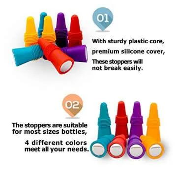 CNYMANY 8 pcs of Wine Stoppers, Reusable Silicone Beverage Bottle Sealer Replacement with Grip Top for Cork to Keep the Wine Fresh - Red, Purple, Orange, Blue