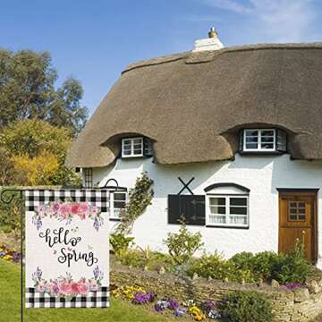 Hello Spring Flower Garden Flag, 12.5 x 18 Inch Buffalo Plaid Garden Flag Vertical Double Sized Spri...