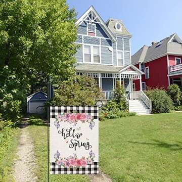 Hello Spring Flower Garden Flag, 12.5 x 18 Inch Buffalo Plaid Garden Flag Vertical Double Sized Spring Burlap Flag for House Yard Outdoor Decor