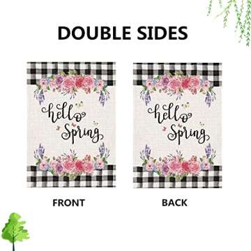 Hello Spring Flower Garden Flag, 12.5 x 18 Inch Buffalo Plaid Garden Flag Vertical Double Sized Spring Burlap Flag for House Yard Outdoor Decor