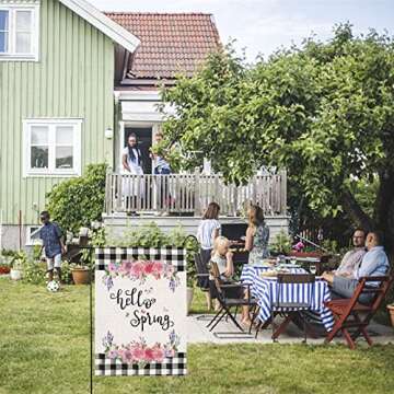 Hello Spring Flower Garden Flag, 12.5 x 18 Inch Buffalo Plaid Garden Flag Vertical Double Sized Spring Burlap Flag for House Yard Outdoor Decor