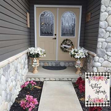 Hello Spring Flower Garden Flag, 12.5 x 18 Inch Buffalo Plaid Garden Flag Vertical Double Sized Spring Burlap Flag for House Yard Outdoor Decor
