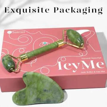 BAIMEI IcyMe Gua Sha & Jade Roller Facial Tools Face Roller and Gua Sha Set for Puffiness and Redness Reducing Skin Care Routine, Self Care Gift for Men Women - Green