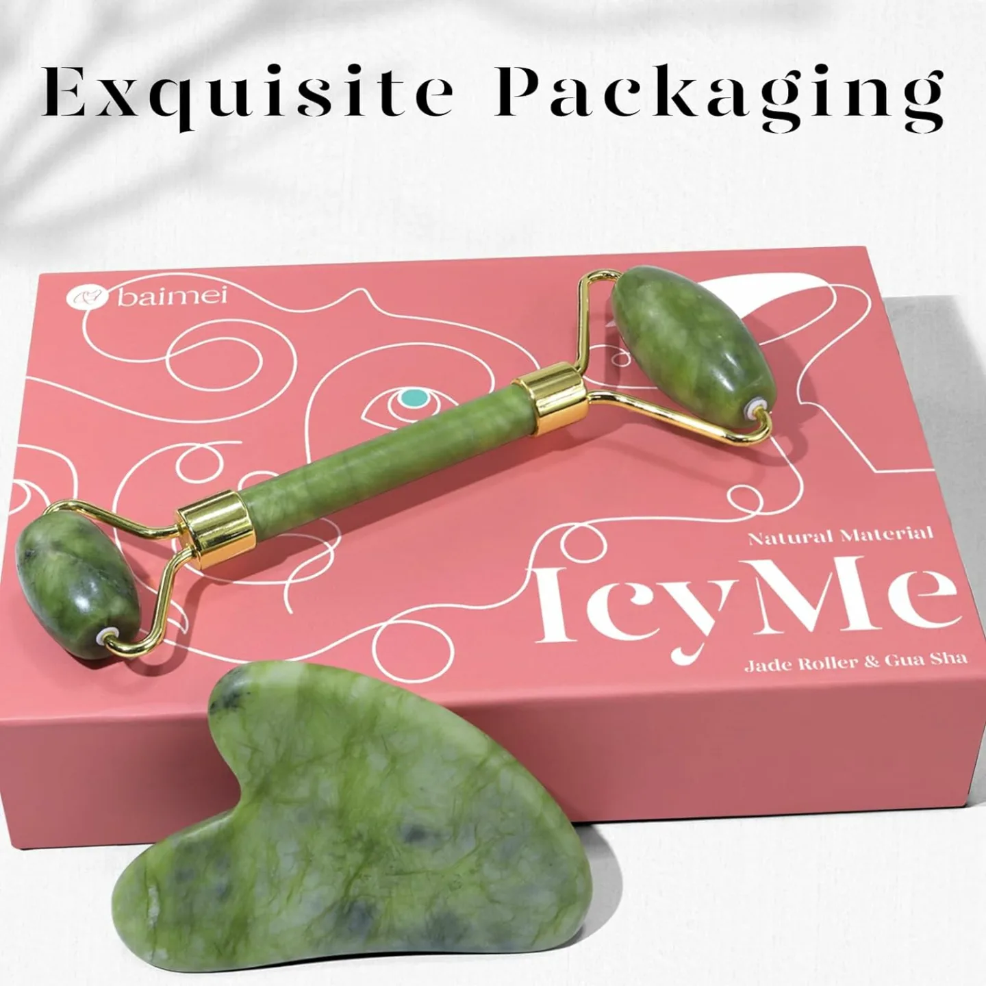 BAIMEI IcyMe Gua Sha & Jade Roller Facial Tools Face Roller and Gua Sha Set for Puffiness and Redness Reducing Skin Care Routine, Self Care Gift for Men Women - Green