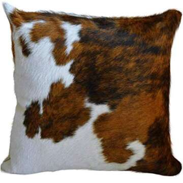 Tricolor Brazilian Cowhide Pillow Cover – Genuine Leather Decorative Cushion for Rustic and Wester...