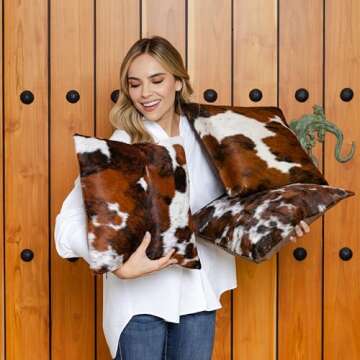 Tricolor Brazilian Cowhide Pillow Cover – Genuine Leather Decorative Cushion for Rustic and Western Home Décor (15” x 15”)