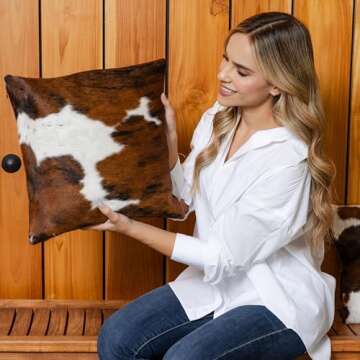 Tricolor Brazilian Cowhide Pillow Cover – Genuine Leather Decorative Cushion for Rustic and Western Home Décor (15” x 15”)