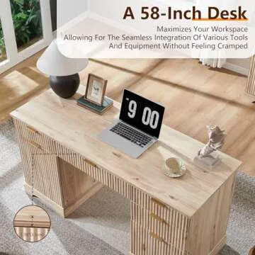 JXQTLINGMU 58" Modern Executive Desk with Storage, Wood Home Office Desk with 5 Drawers & 1 Cabinet, Fluted Computer Writing Desk for Study, Living Room, Bedroom, Natural Oak