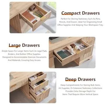 JXQTLINGMU 58" Modern Executive Desk with Storage, Wood Home Office Desk with 5 Drawers & 1 Cabinet, Fluted Computer Writing Desk for Study, Living Room, Bedroom, Natural Oak