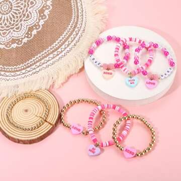 Beaded Heishi Hot Pink Bracelet Stackable Valentine's Day Beaded XOXO Love Heart Charm Stretch Brace...