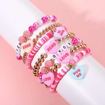 Beaded Heishi Hot Pink Bracelet Stackable Valentine's Day Beaded XOXO Love Heart Charm Stretch Bracelet Holiday XOXO Letter Bracelets Festive Jewelry Gifts for Women