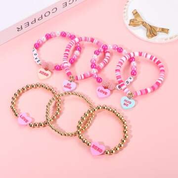 Beaded Heishi Hot Pink Bracelet Stackable Valentine's Day Beaded XOXO Love Heart Charm Stretch Bracelet Holiday XOXO Letter Bracelets Festive Jewelry Gifts for Women