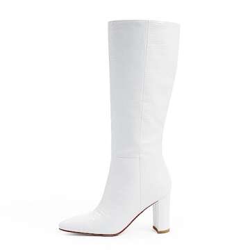 Modatope Women's White Faux Crocodile Knee-High Boots, Size 9, Block Heel, Pointed Toe, Zipper