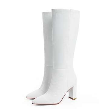 Modatope Women's White Faux Crocodile Knee-High Boots, Size 9, Block Heel, Pointed Toe, Zipper