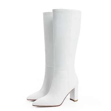 Modatope Women's White Faux Crocodile Knee-High Boots, Size 9, Block Heel, Pointed Toe, Zipper