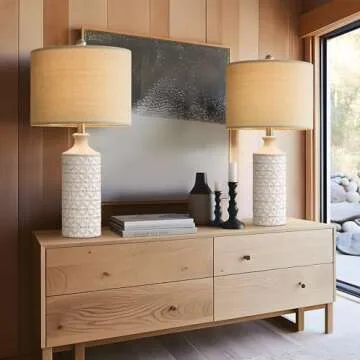 PoKat 24'' Lamps for Night Stands, Ceramic Table Lamps for Living Room, Modern Nightstand Lamps Set of 2, Bedroom Lamps for Bedside End Table, Bedroom, Living Room, White