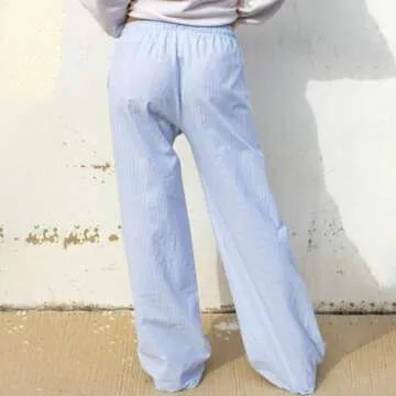 Muineobuka Women Y2k Striped Pants Wide Leg Stripes Print Lounge Pants High Waist Drawstring Striped Pajama Pants Trousers A Blue
