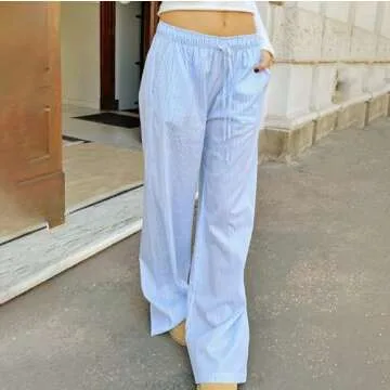 Muineobuka Women Y2k Striped Pants Wide Leg Stripes Print Lounge Pants High Waist Drawstring Striped Pajama Pants Trousers A Blue