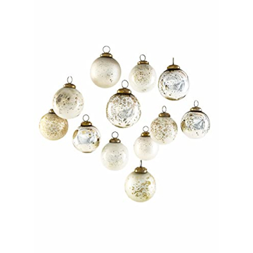 Serene Spaces Living 12pcs Vintage Style White & Silver Mercury Glass Ornament Set for Christmas Tre...