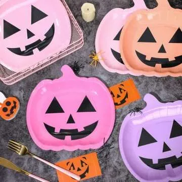 JarThenaAMCS 40Pcs Halloween Pumpkin Paper Plates Cute Grimace Pink Purple Orange Pumpkin Shape Disposable Plates 9 Inch Halloween Colorful Tableware for Birthday Holiday Party Decor Supplies