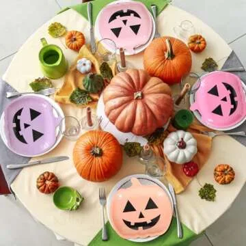 JarThenaAMCS 40Pcs Halloween Pumpkin Paper Plates Cute Grimace Pink Purple Orange Pumpkin Shape Disposable Plates 9 Inch Halloween Colorful Tableware for Birthday Holiday Party Decor Supplies