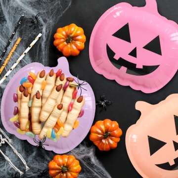 JarThenaAMCS 40Pcs Halloween Pumpkin Paper Plates Cute Grimace Pink Purple Orange Pumpkin Shape Disposable Plates 9 Inch Halloween Colorful Tableware for Birthday Holiday Party Decor Supplies