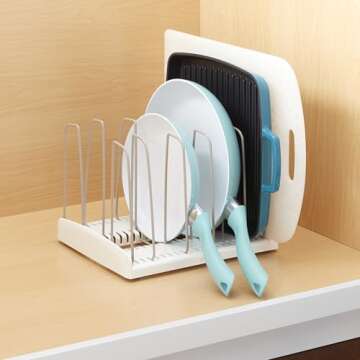 YouCopia StoreMore Cookware Rack, Adjustable Pan and Pot Organizer for Kitchen Cabinet Storage, White