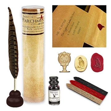 Nostalgic Impressions Harry Potter Quill & Ink Wizard's Writing Bundle with Parchment Paper & Owl Sealing Wax Seal Stamp
