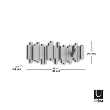 Umbra Sticks Wall-Mounted Coat Rack Rail Hook with 5 Retractable Pegs – Modern, Space-Saving Storage Organizer, Grey