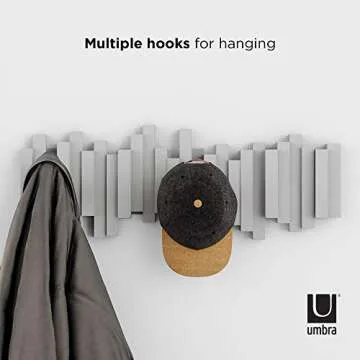 Umbra Sticks Wall-Mounted Coat Rack Rail Hook with 5 Retractable Pegs – Modern, Space-Saving Storage Organizer, Grey
