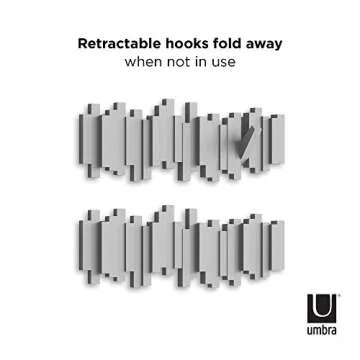 Umbra Sticks Wall-Mounted Coat Rack Rail Hook with 5 Retractable Pegs – Modern, Space-Saving Storage Organizer, Grey