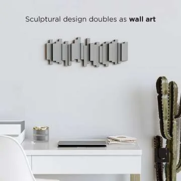 Umbra Sticks Wall-Mounted Coat Rack Rail Hook with 5 Retractable Pegs – Modern, Space-Saving Storage Organizer, Grey