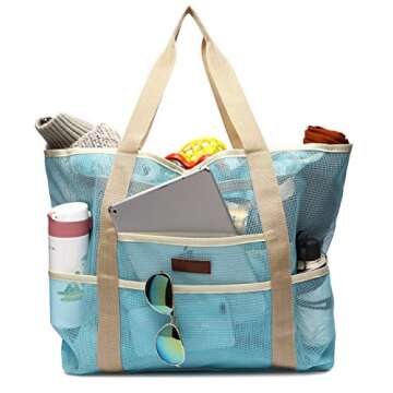 Malirona Mesh Beach Bag - Toy Tote Bag Large Grocery & Picnic Tote with 8 Pockets, Top Zipper (Deep ...