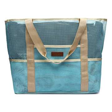 Malirona Mesh Beach Bag - Toy Tote Bag Large Grocery & Picnic Tote with 8 Pockets, Top Zipper (Deep Blue)