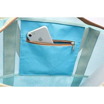 Malirona Mesh Beach Bag - Toy Tote Bag Large Grocery & Picnic Tote with 8 Pockets, Top Zipper (Deep Blue)