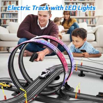 Slot Car Race Track Sets, 19ft Electric Track with LED Lights and 4 Slot Cars, 2 Hand Controller and...