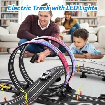 Slot Car Race Track Sets, 19ft Electric Track with LED Lights and 4 Slot Cars, 2 Hand Controller and...