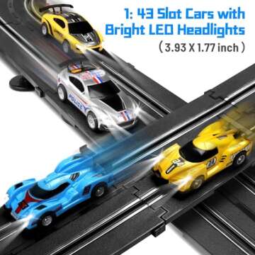 Slot Car Race Track Sets, 19ft Electric Track with LED Lights and 4 Slot Cars, 2 Hand Controller and Racing Game Lap Counters, Race Track Set Features a Loop, Turns, and a Crossover for Boys Age 6-12