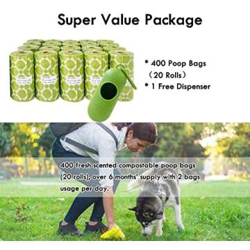 CAKOVANO Dog Poop Bags with Dispenser, 400 Biodegradable Dog Waste Bags, Compostable Pet Doggie Poo Trash Litter Bags Refills for Large Dogs and Puppy, Thick and Leak Proof, Scented