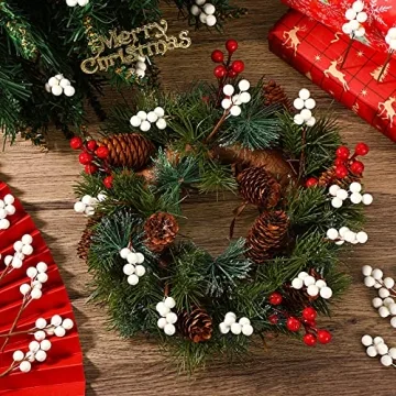 360 Pieces Artificial Holly Berries Christmas Winter Fake Berries Bunch Faux Cranberries Bunch on 60 Stems for Table Centerpiece (White)