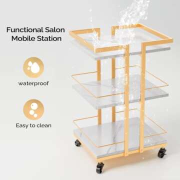 Esthetician Cart with Wheels Utility Salon Rolling Trolley, Gold Mobile Storage Organizer for Beauty Spa Cosmetology Massage, Tattoo Manicure Facial Tool Holder Station