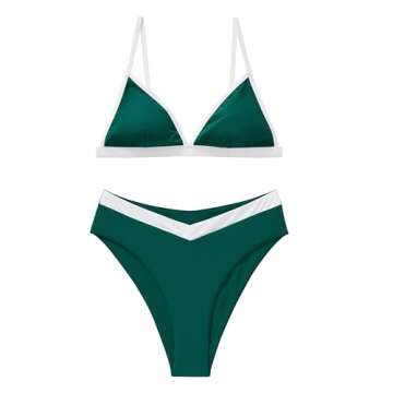 SUUKSESS Women Triangle High Cut Bikini Sets Sexy High Waisted Color Block Two Piece Swimsuits Push Up Bathing Suits(Green White,L)